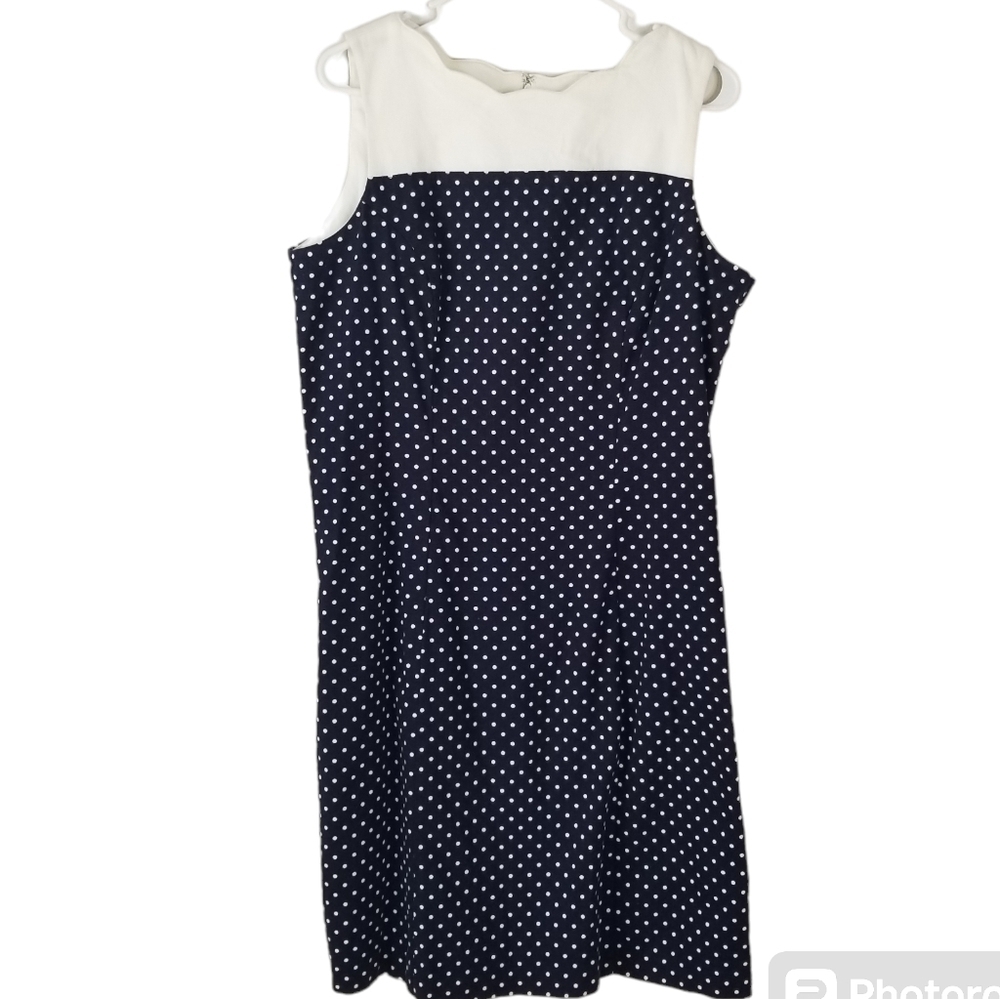 Talbots Navy/White Polka Dot Textured Sheath Dress Size 14P Scalloped Neck